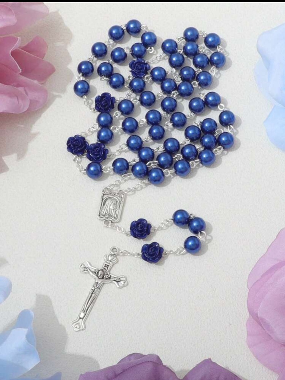 Blue Rosary Necklace with Silver Cross, Blue Rosary Necklace Silver Crucifix,